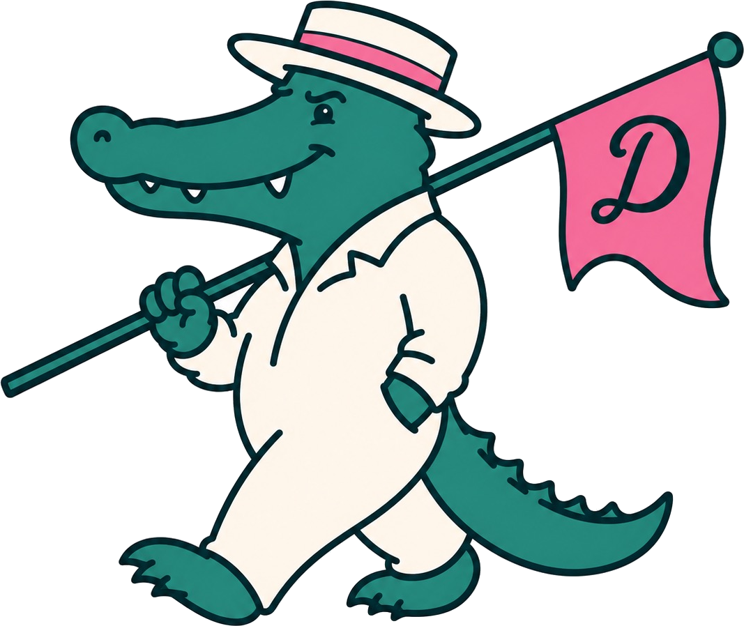Dart, the Dartee Golf caddie mascot, carrying the pink Dartee flag