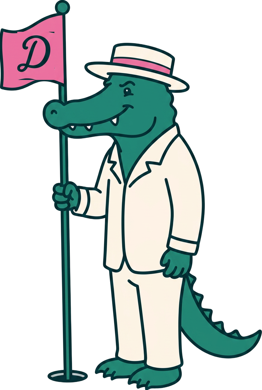 Dart the gator holding a Dartee flag